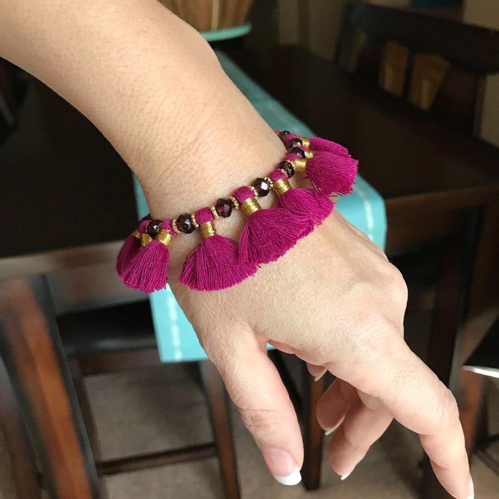 Magenta Tassel Beaded Bracelet with Gold Accents